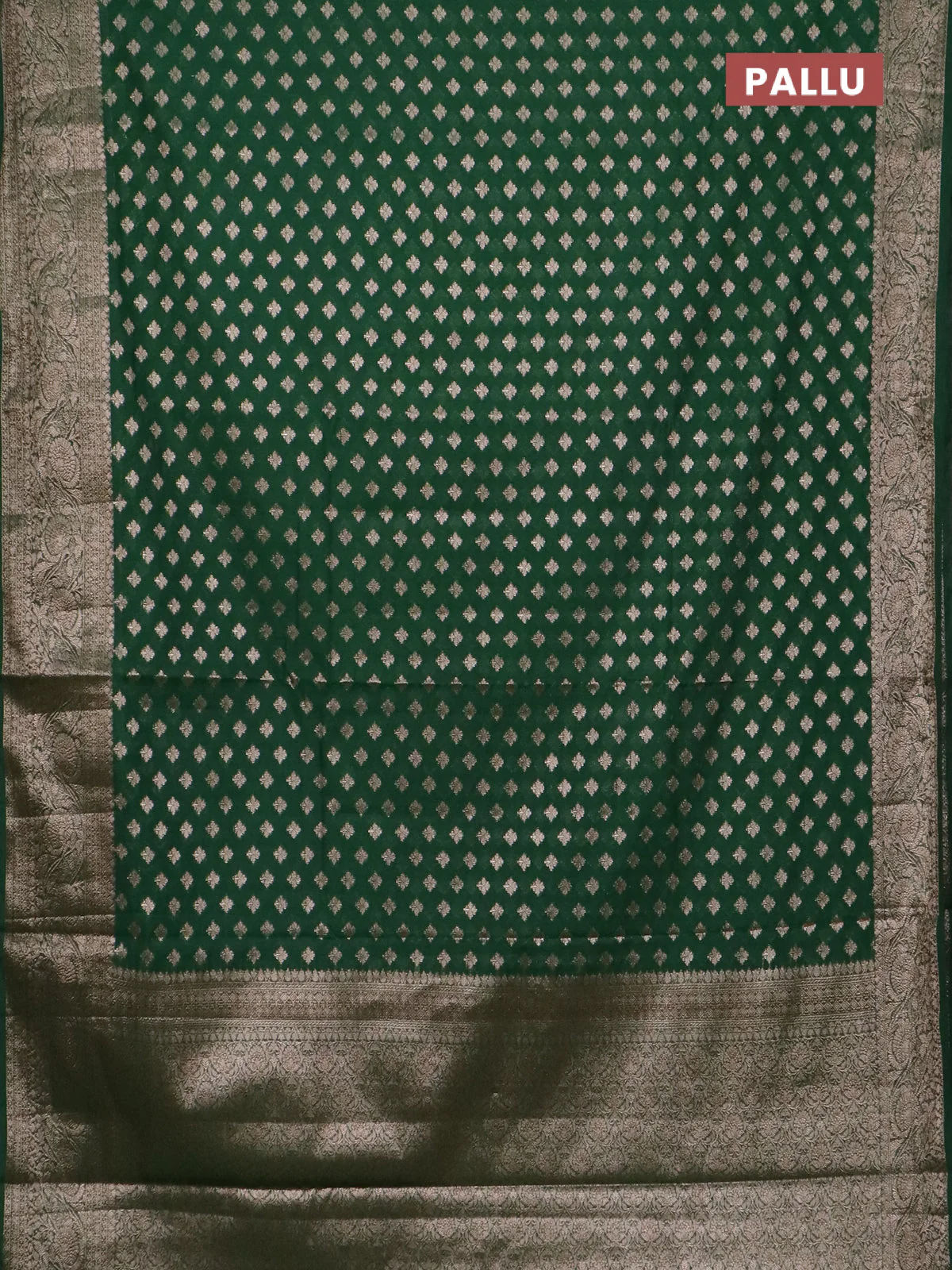 Banarasi semi chiniya saree green with allover thread & zari woven buttas and woven border - Image 3