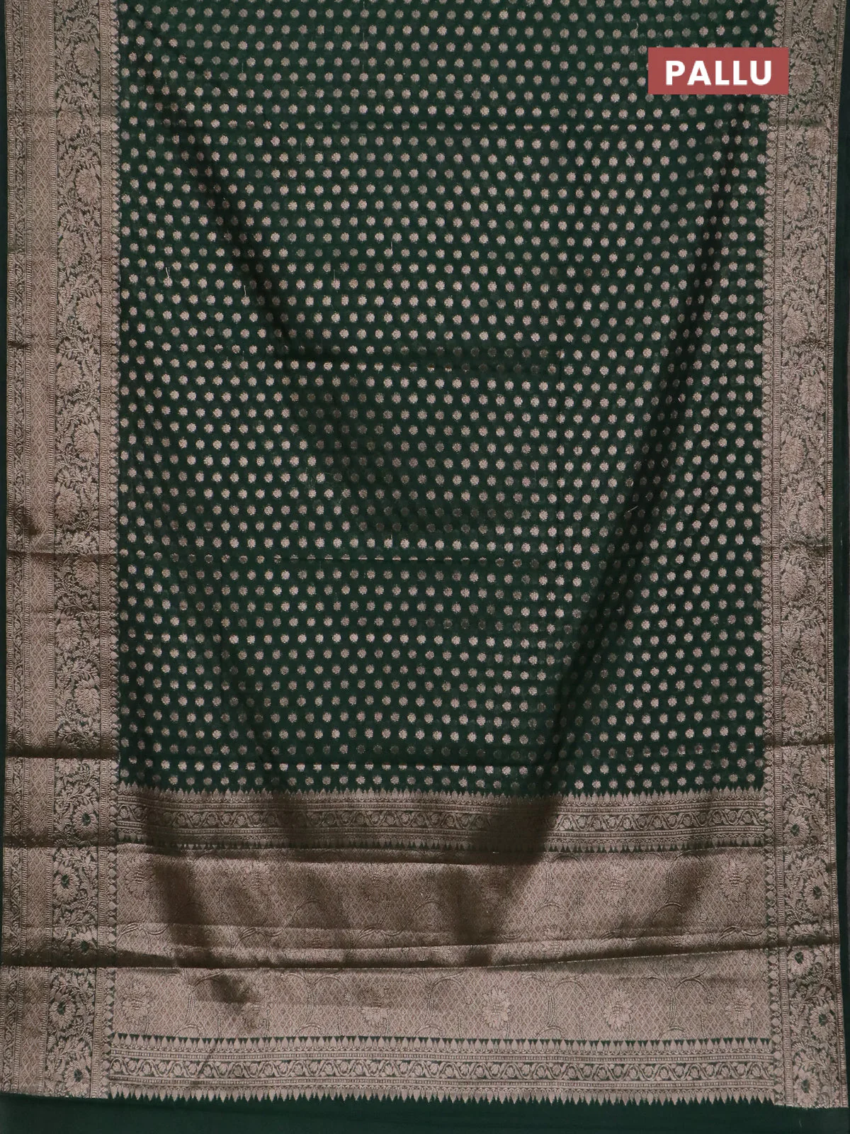 Banarasi semi chiniya saree green with allover thread & zari woven buttas and woven border - Image 3