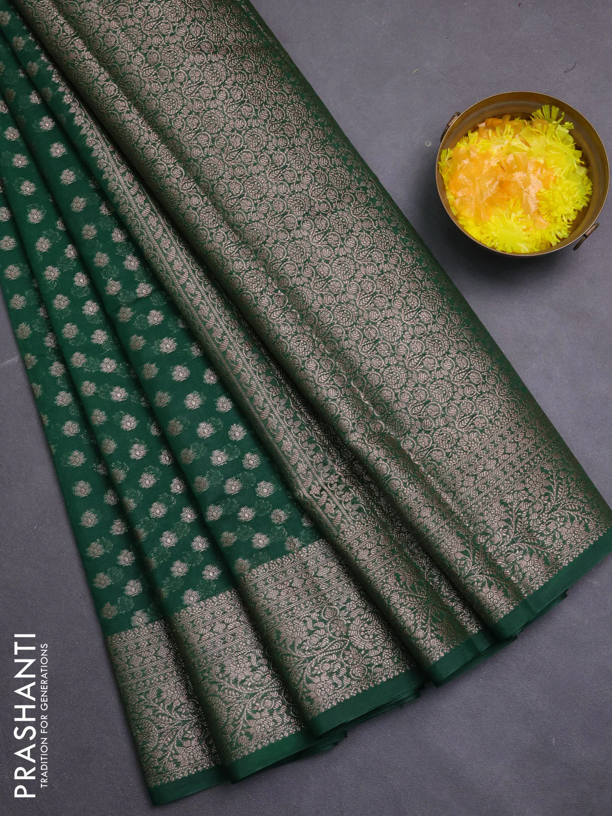 Banarasi semi chiniya saree green with allover thread & zari woven buttas and woven border