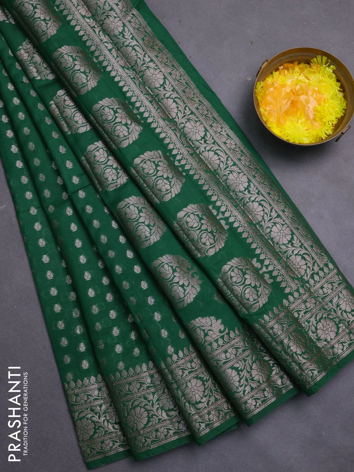 Banarasi semi chiniya saree green with allover thread & zari woven buttas and woven border
