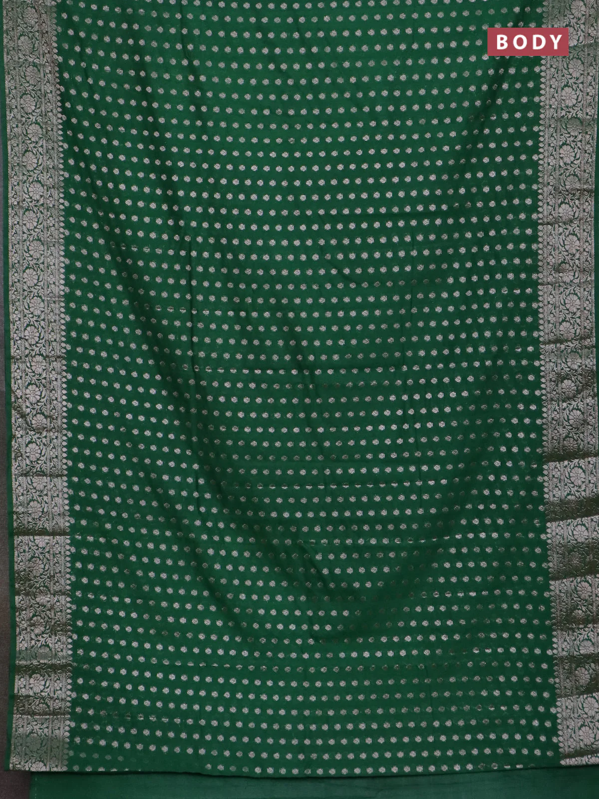 Banarasi semi chiniya saree green with allover thread & zari woven buttas and woven border - Image 2