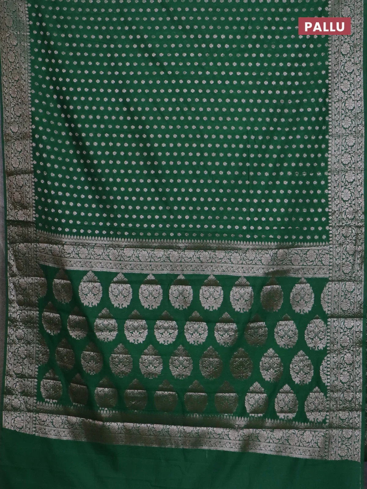 Banarasi semi chiniya saree green with allover thread & zari woven buttas and woven border - Image 3