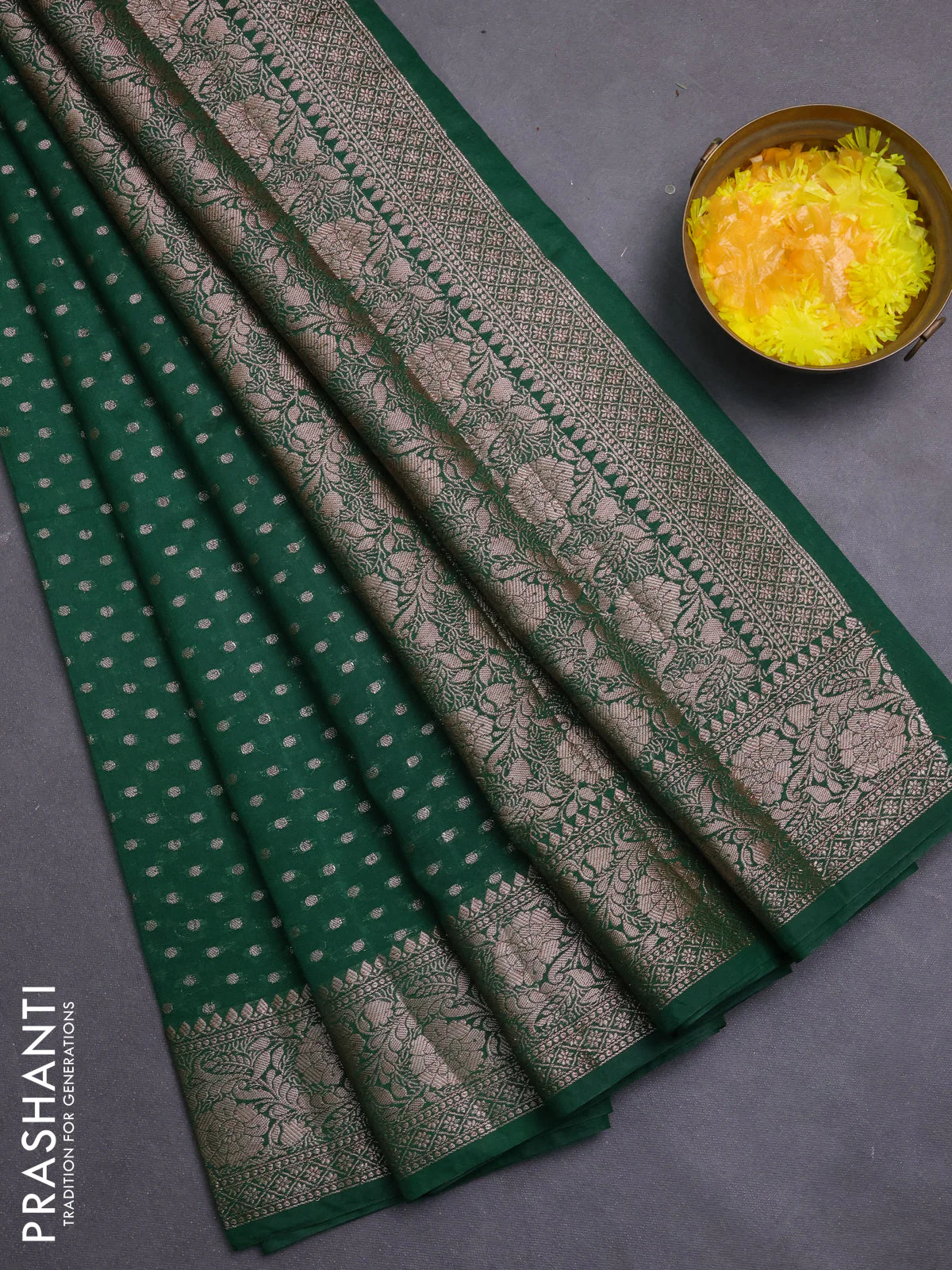 Banarasi semi chiniya saree green with allover thread & zari woven buttas and woven border