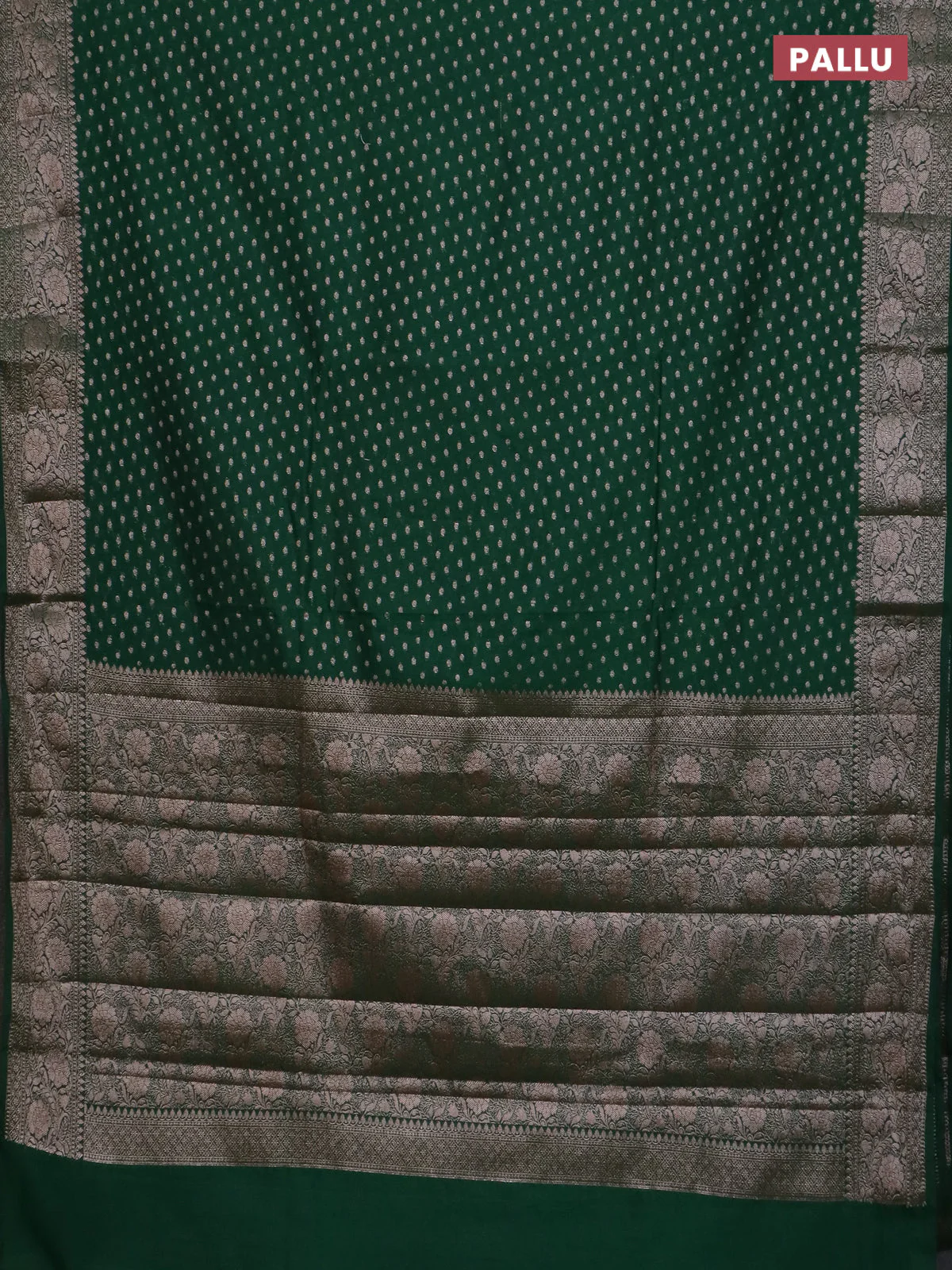 Banarasi semi chiniya saree green with allover thread & zari woven buttas and woven border - Image 3