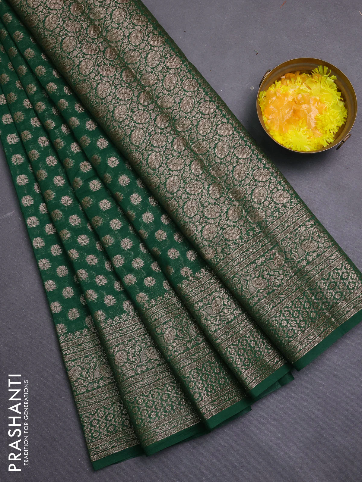 Banarasi semi chiniya saree green with allover thread & zari woven buttas and woven border