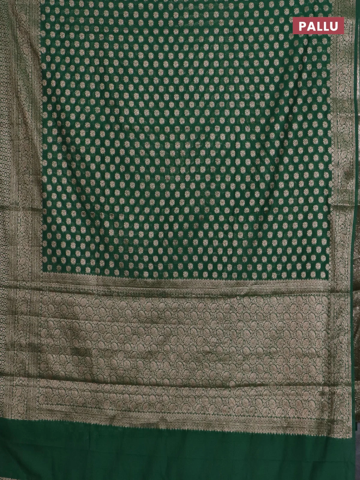 Banarasi semi chiniya saree green with allover thread & zari woven buttas and woven border - Image 3