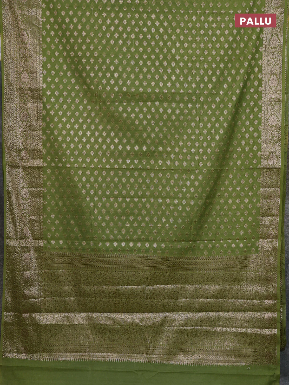 Banarasi semi chiniya saree light green with allover thread & zari woven buttas and woven border - Image 3