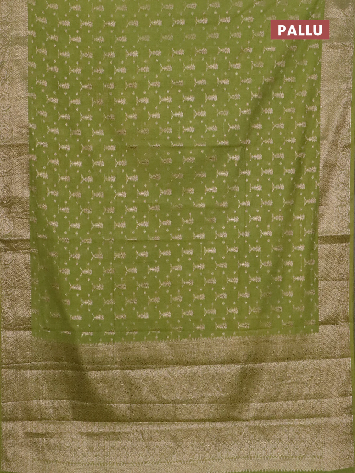 Banarasi semi chiniya saree light green with allover thread & zari woven buttas and woven border - Image 3