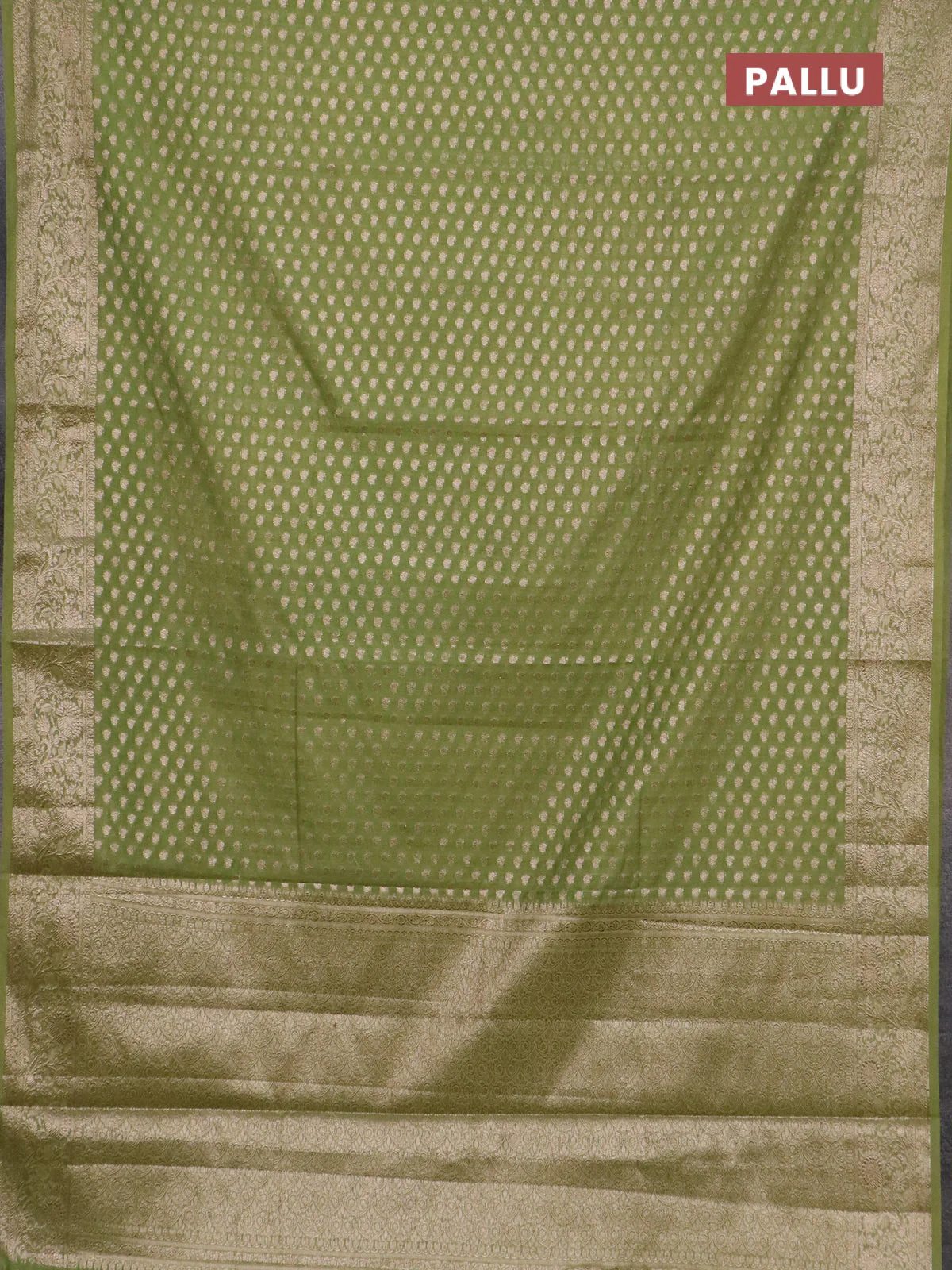 Banarasi semi chiniya saree light green with allover thread & zari woven buttas and woven border - Image 3