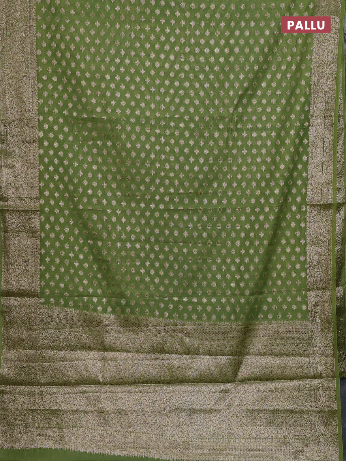 Banarasi semi chiniya saree light green with allover thread & zari woven buttas and woven border - Image 3