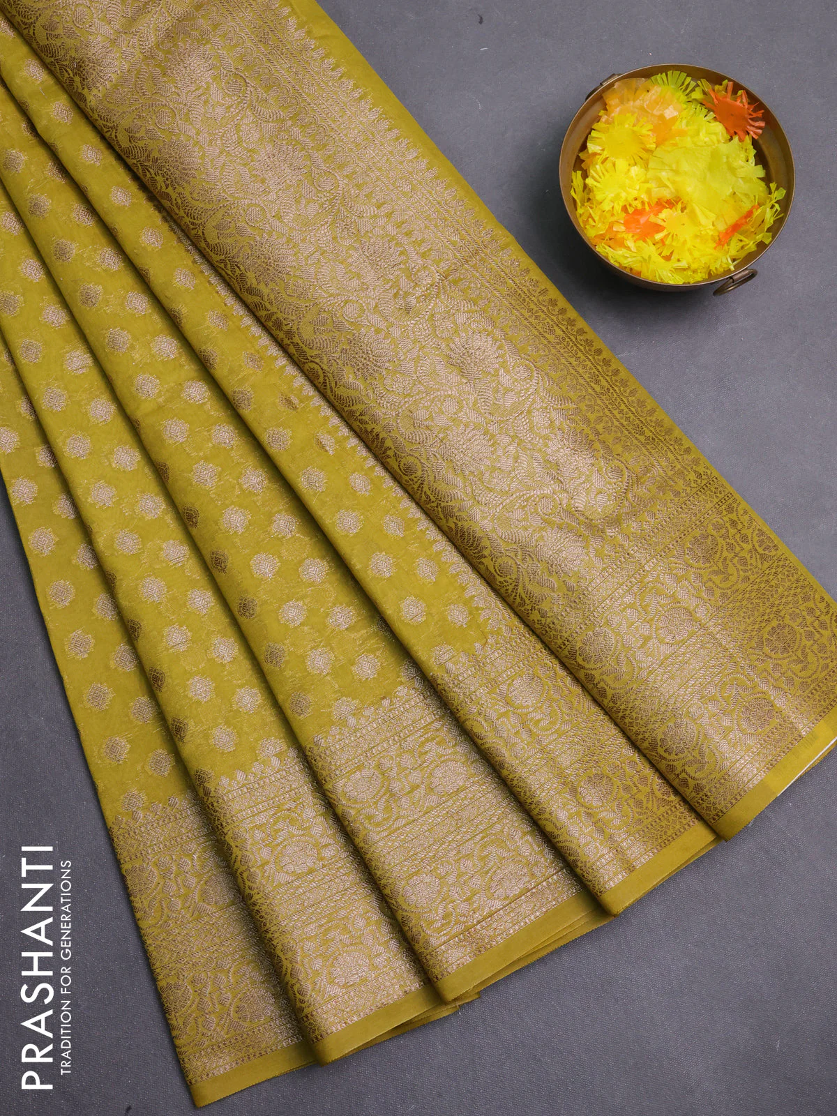Banarasi semi chiniya saree lime green with allover thread & zari woven buttas and woven border