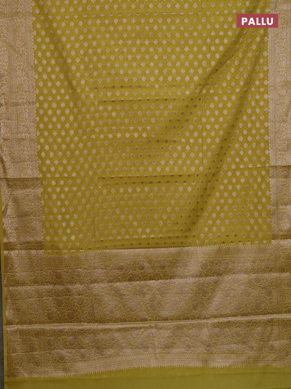 Banarasi semi chiniya saree lime green with allover thread & zari woven buttas and woven border - Image 3