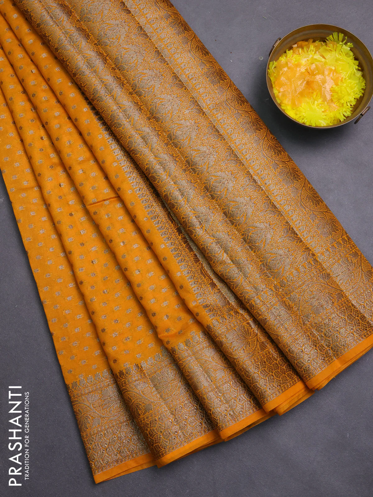 Banarasi semi chiniya saree mango yellow with allover thread & zari woven buttas and woven border