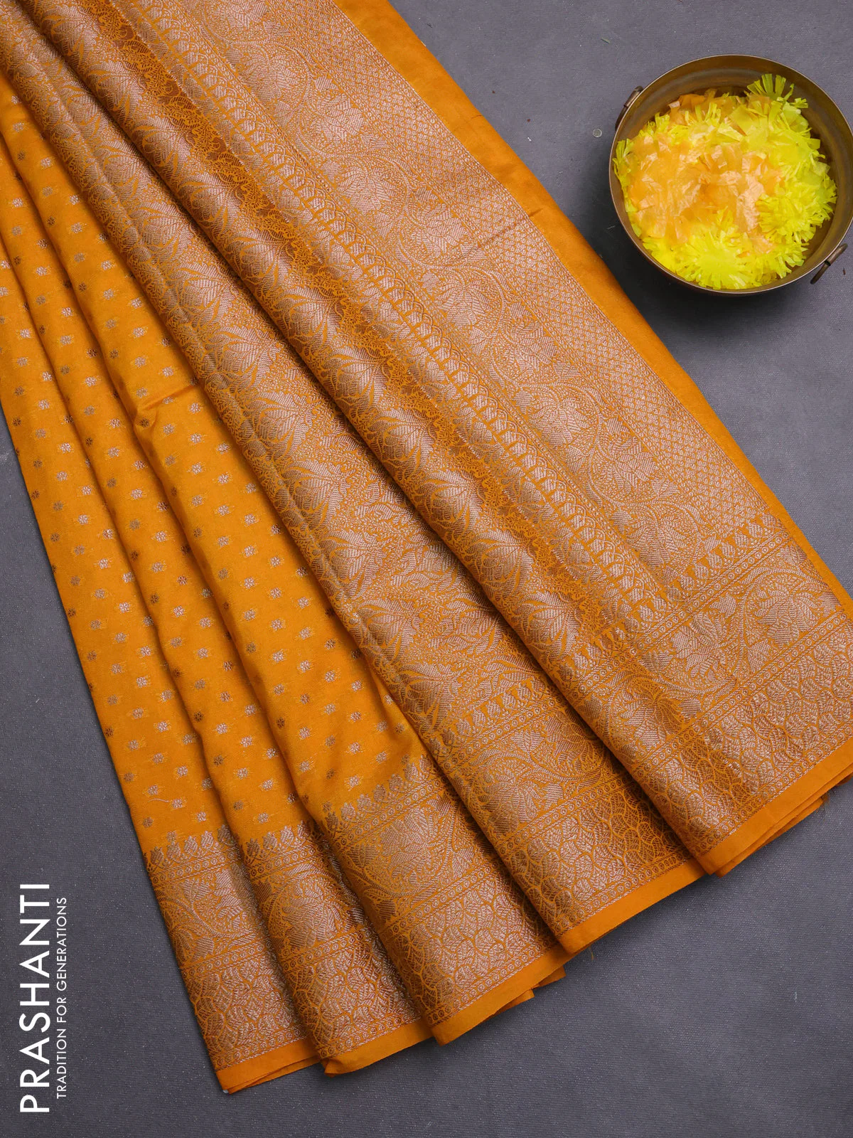 Banarasi semi chiniya saree mango yellow with allover thread & zari woven buttas and woven border