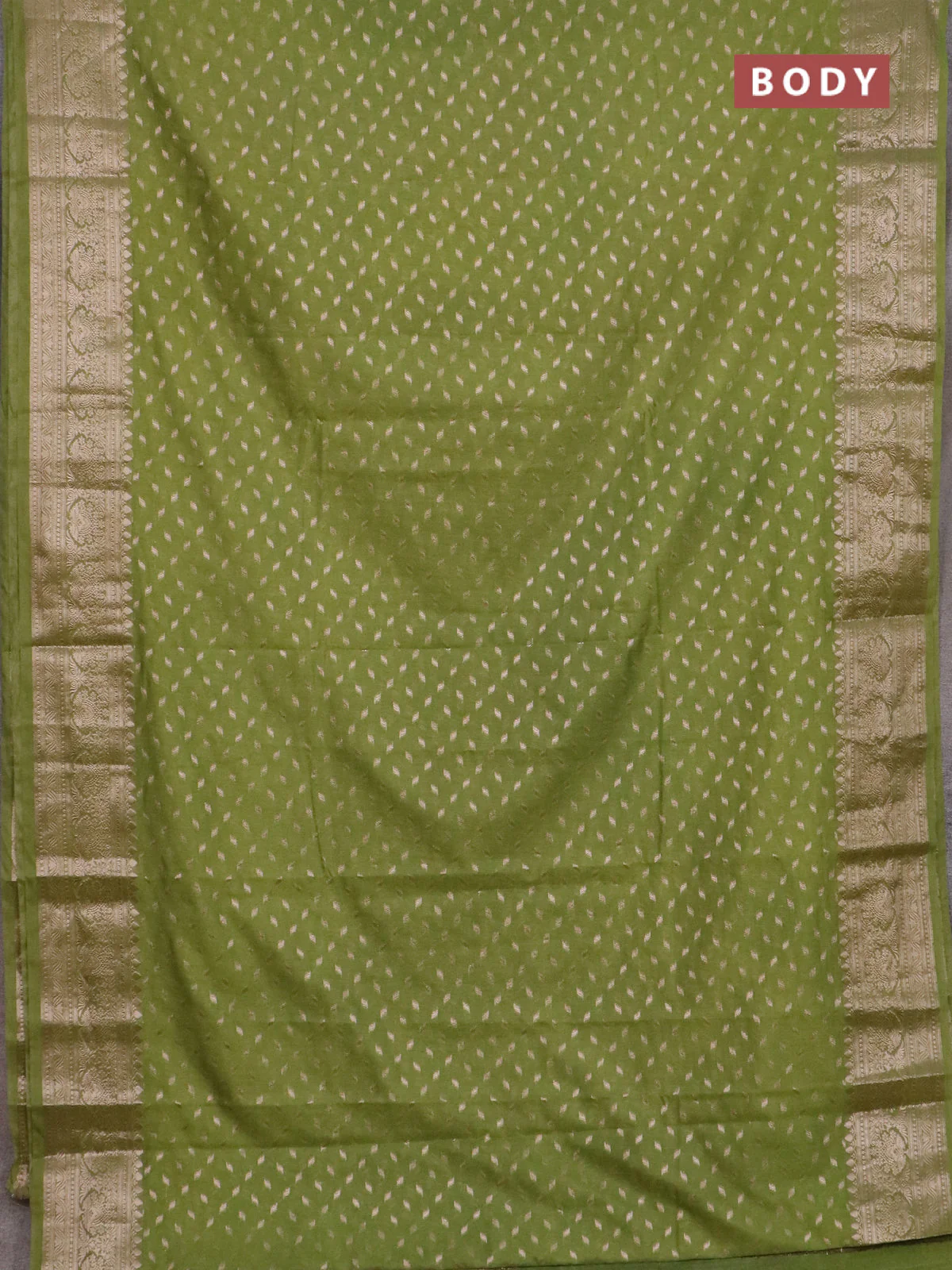 Banarasi semi chiniya saree mehendi green with allover thread & zari woven buttas and woven border - Image 2