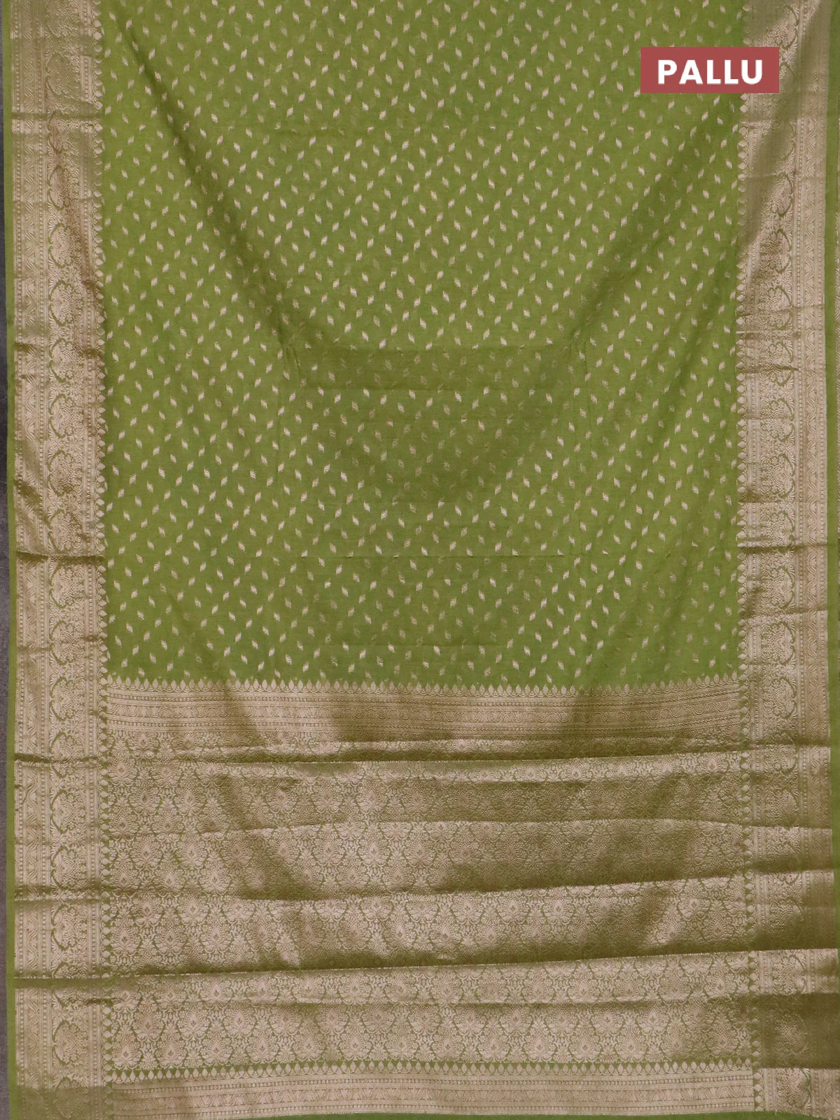 Banarasi semi chiniya saree mehendi green with allover thread & zari woven buttas and woven border - Image 3