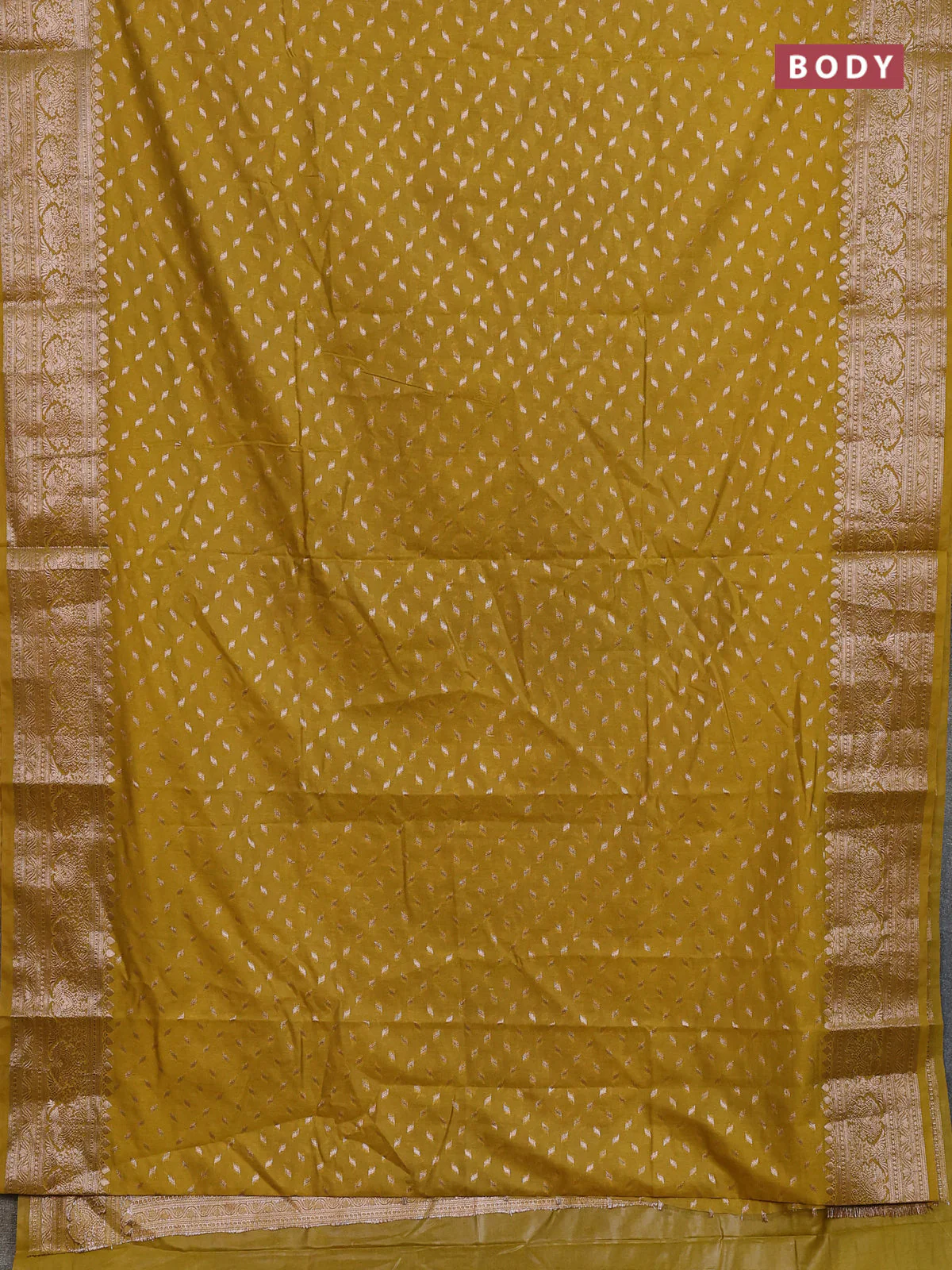Banarasi semi chiniya saree mustard green with allover thread & zari woven buttas and woven border - Image 2