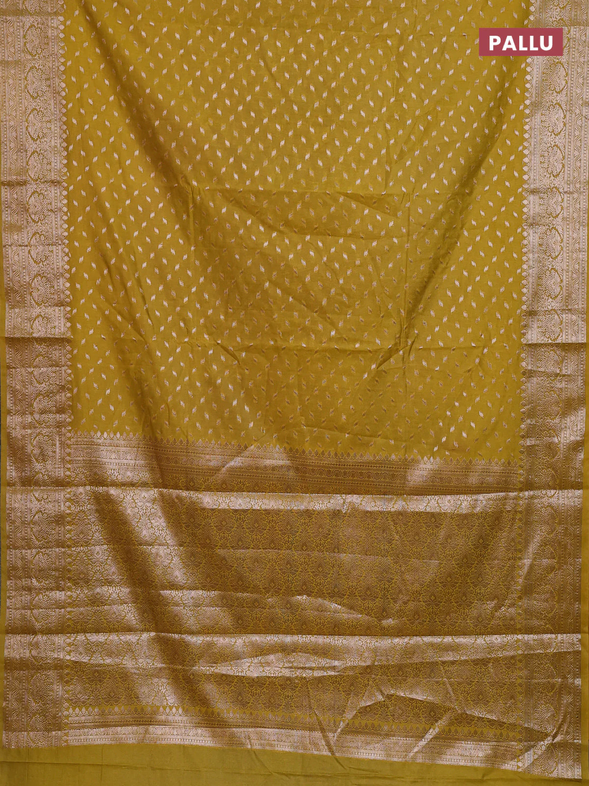 Banarasi semi chiniya saree mustard green with allover thread & zari woven buttas and woven border - Image 3