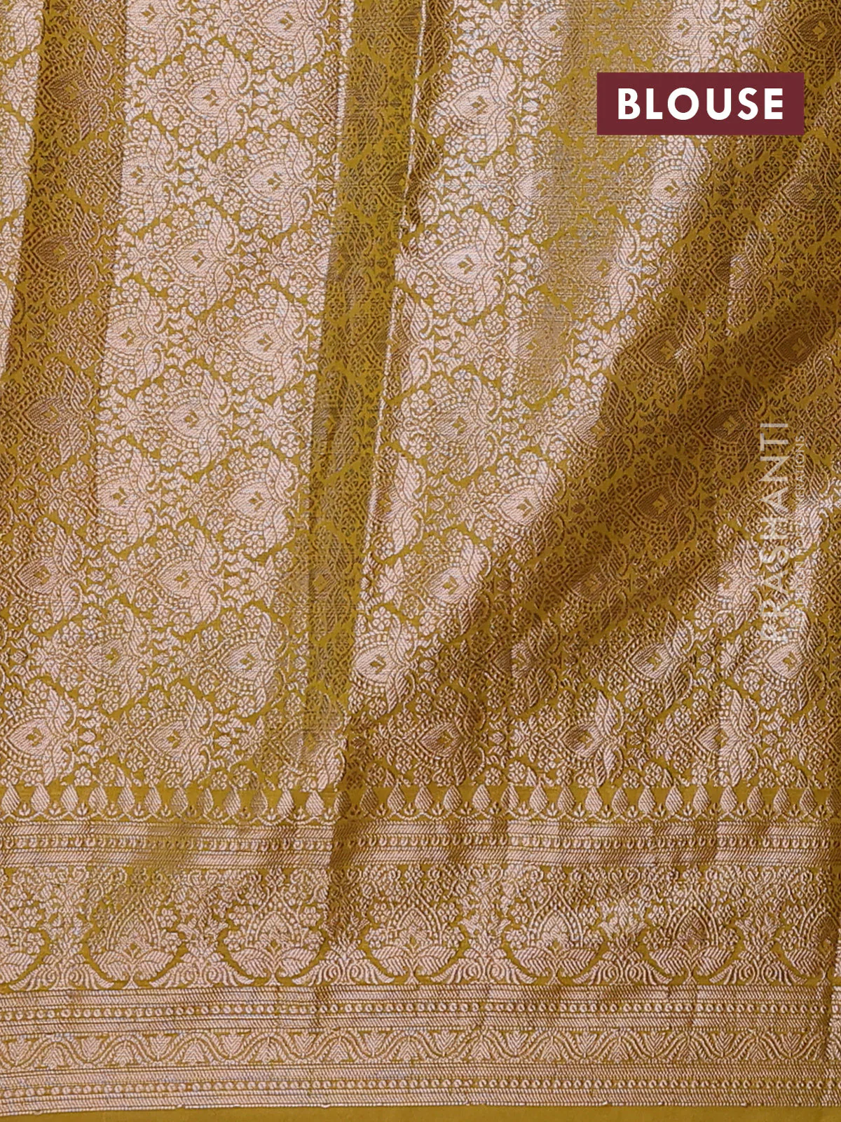 Banarasi semi chiniya saree mustard green with allover thread & zari woven buttas and woven border - Image 4