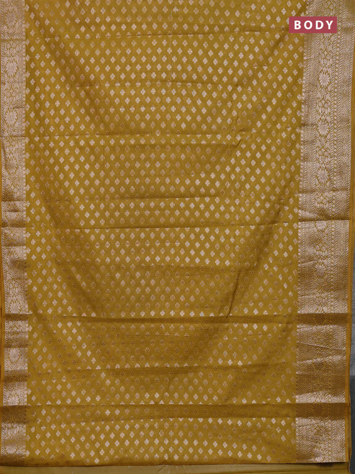 Banarasi semi chiniya saree mustard green with allover thread & zari woven buttas and woven border - Image 2