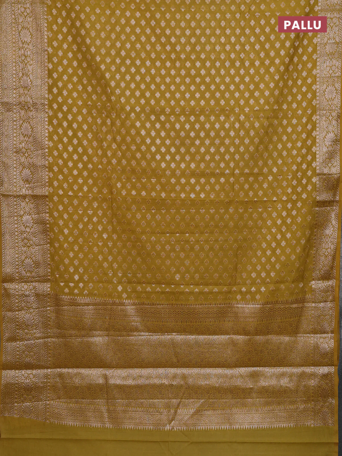 Banarasi semi chiniya saree mustard green with allover thread & zari woven buttas and woven border - Image 3
