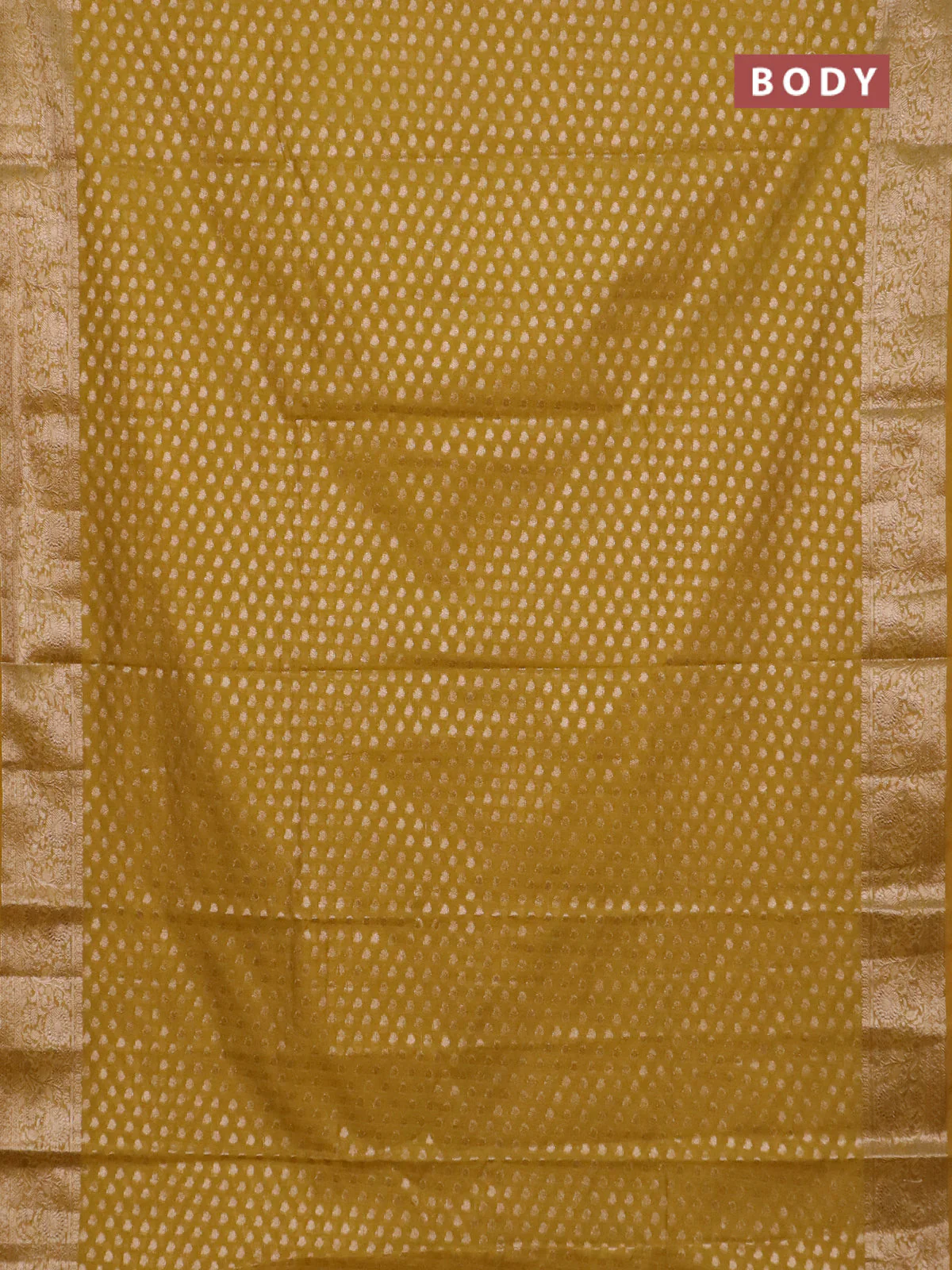 Banarasi semi chiniya saree mustard green with allover thread & zari woven buttas and woven border - Image 2