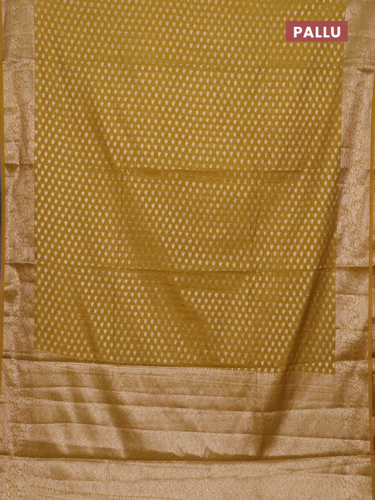 Banarasi semi chiniya saree mustard green with allover thread & zari woven buttas and woven border - Image 3