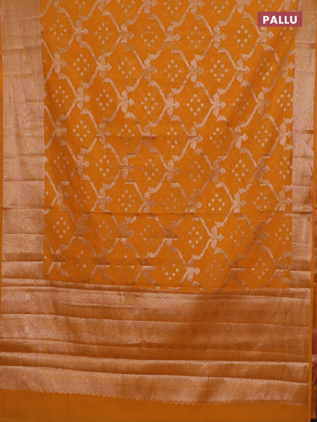 Banarasi semi chiniya saree mustard yellow with allover thread & zari weaves and woven border - Image 3