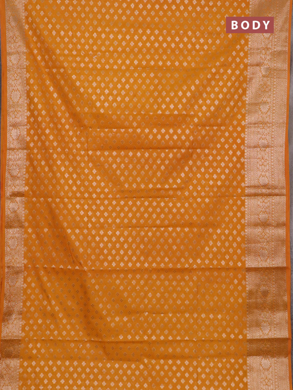 Banarasi semi chiniya saree mustard yellow with allover thread & zari woven buttas and woven border - Image 2