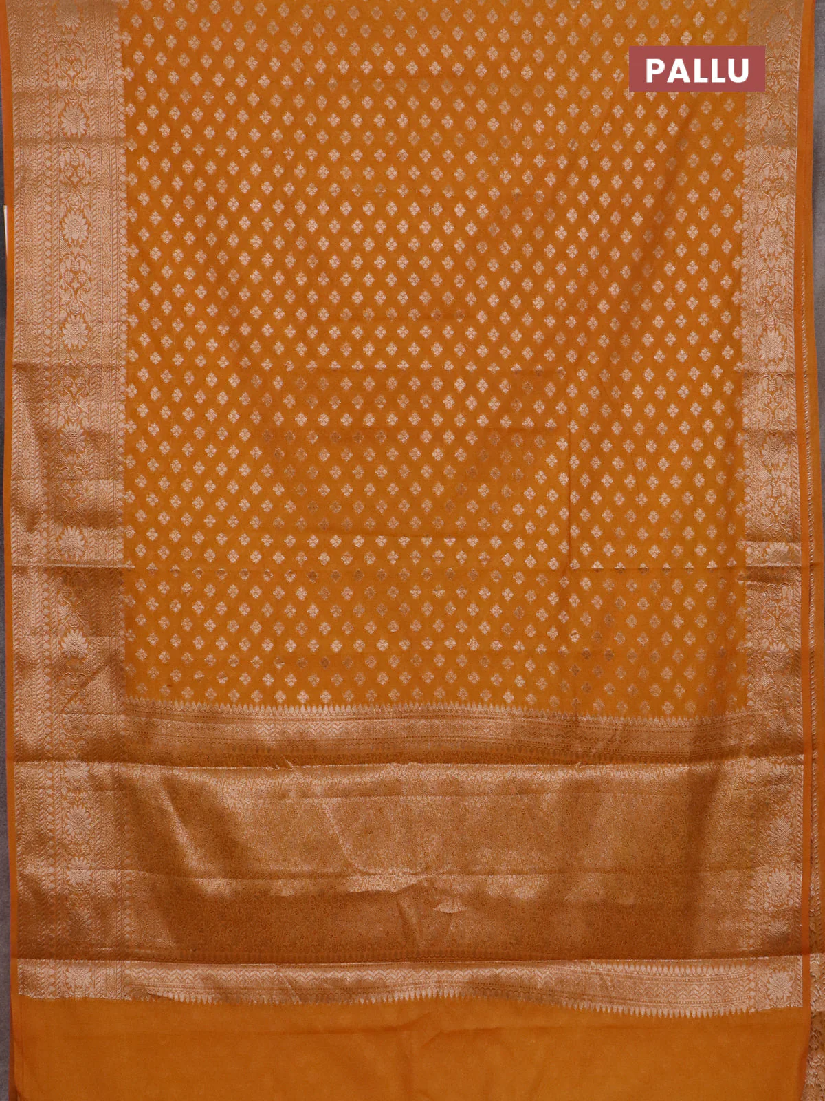 Banarasi semi chiniya saree mustard yellow with allover thread & zari woven buttas and woven border - Image 3