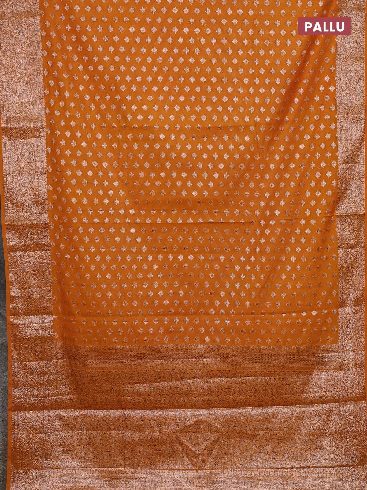 Banarasi semi chiniya saree mustard yellow with allover thread & zari woven buttas and woven border - Image 3