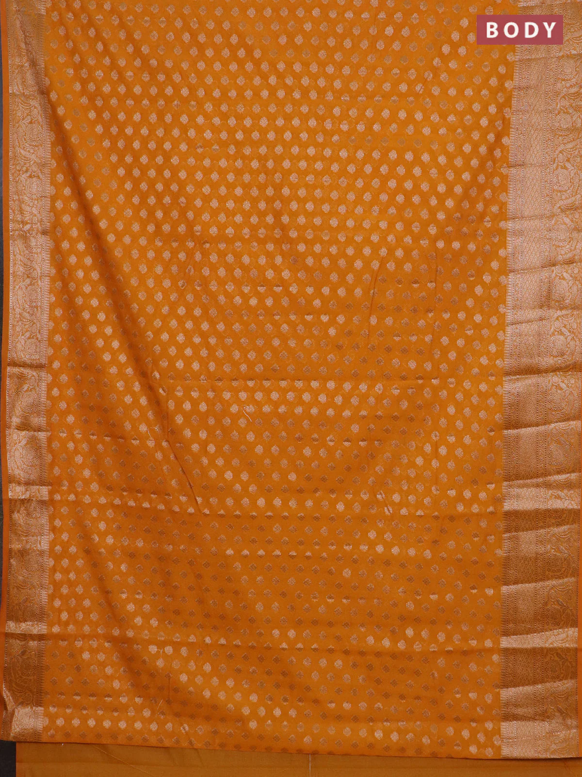 Banarasi semi chiniya saree mustard yellow with allover thread & zari woven buttas and woven border - Image 2