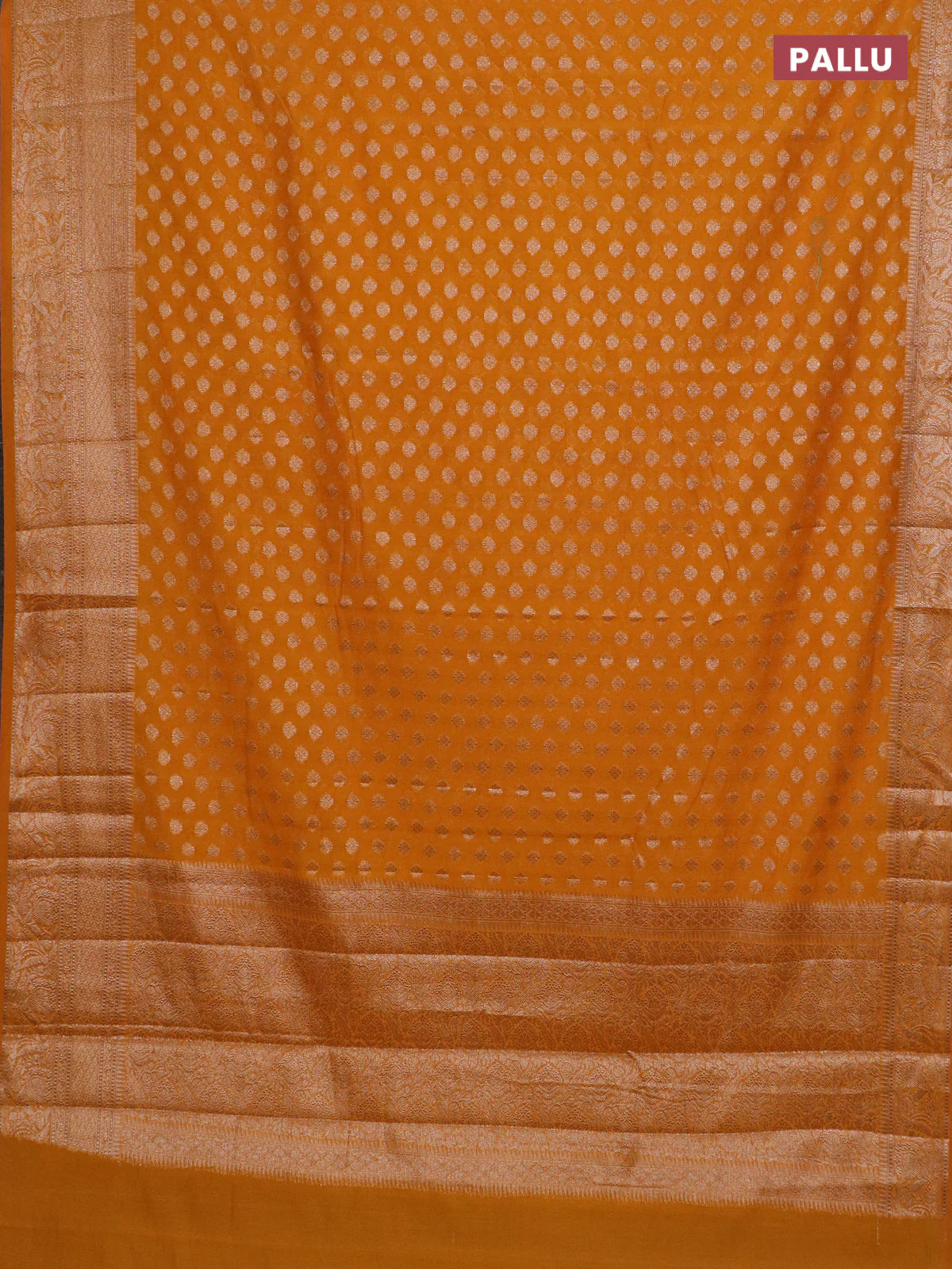 Banarasi semi chiniya saree mustard yellow with allover thread & zari woven buttas and woven border - Image 3