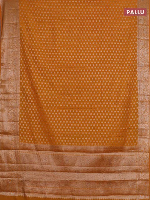 Banarasi semi chiniya saree mustard yellow with allover thread & zari woven buttas and woven border - Image 3