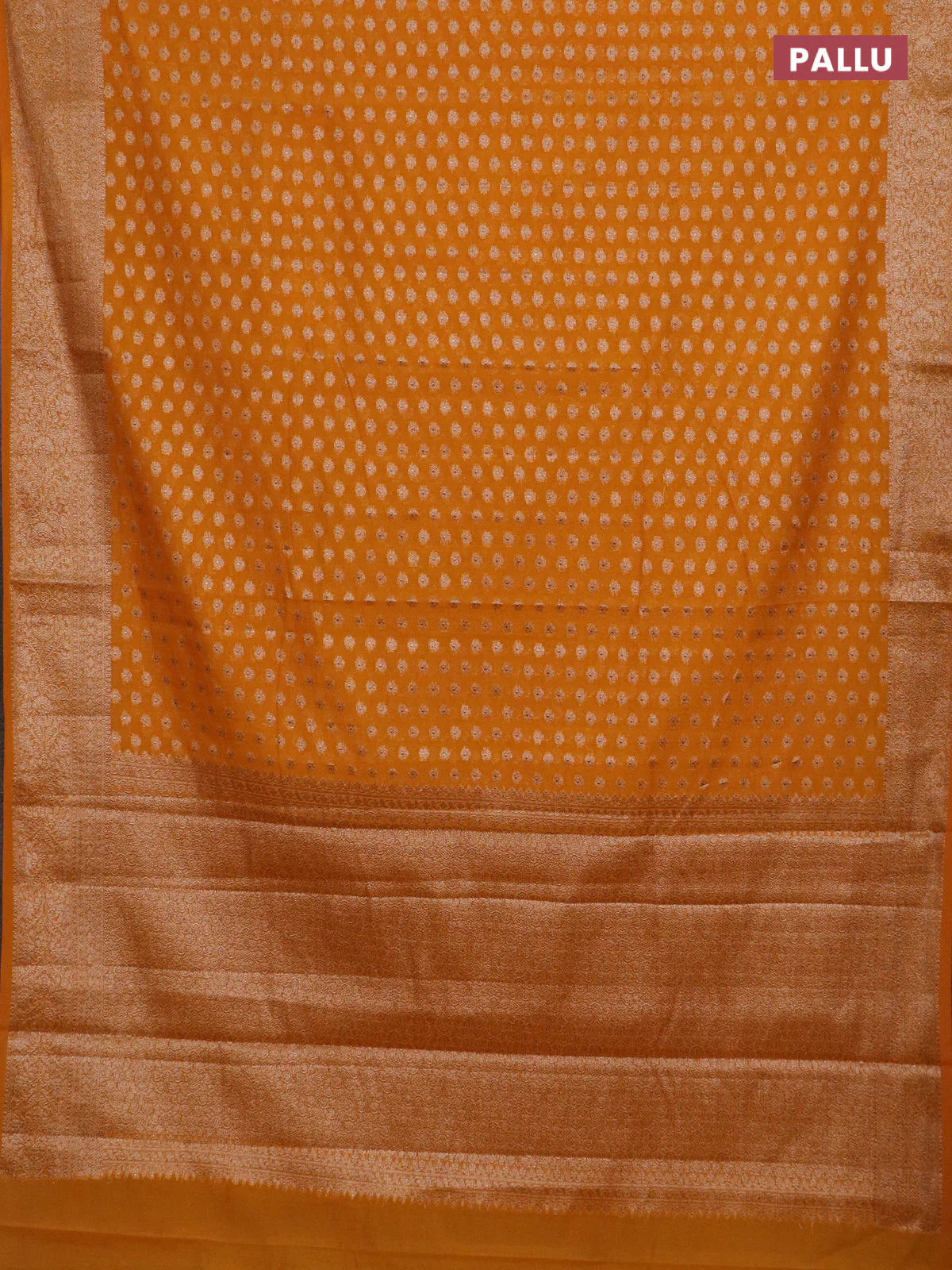 Banarasi semi chiniya saree mustard yellow with allover thread & zari woven buttas and woven border - Image 3