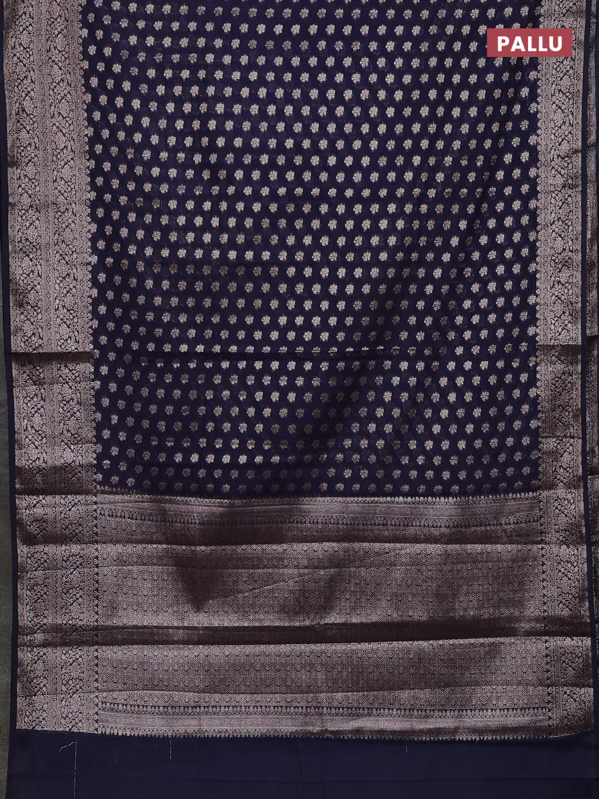 Banarasi semi chiniya saree navy blue with allover thread & zari weaves and woven border - Image 3