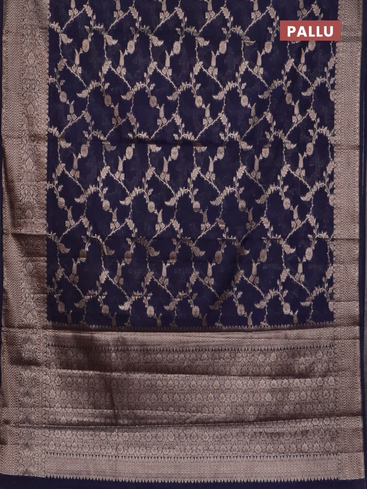 Banarasi semi chiniya saree navy blue with allover thread & zari weaves and woven border - Image 3