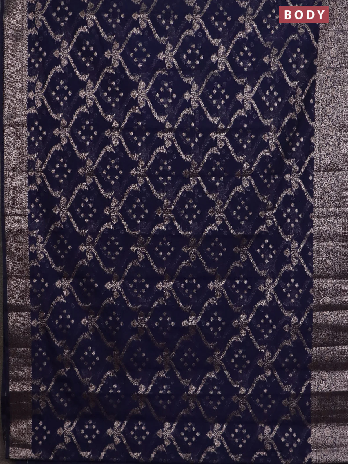 Banarasi semi chiniya saree navy blue with allover thread & zari weaves and woven border - Image 2