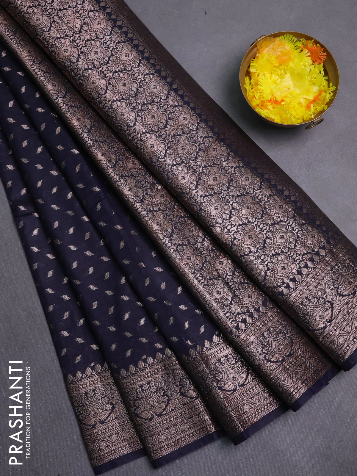 Banarasi semi chiniya saree navy blue with allover thread & zari woven buttas and woven border