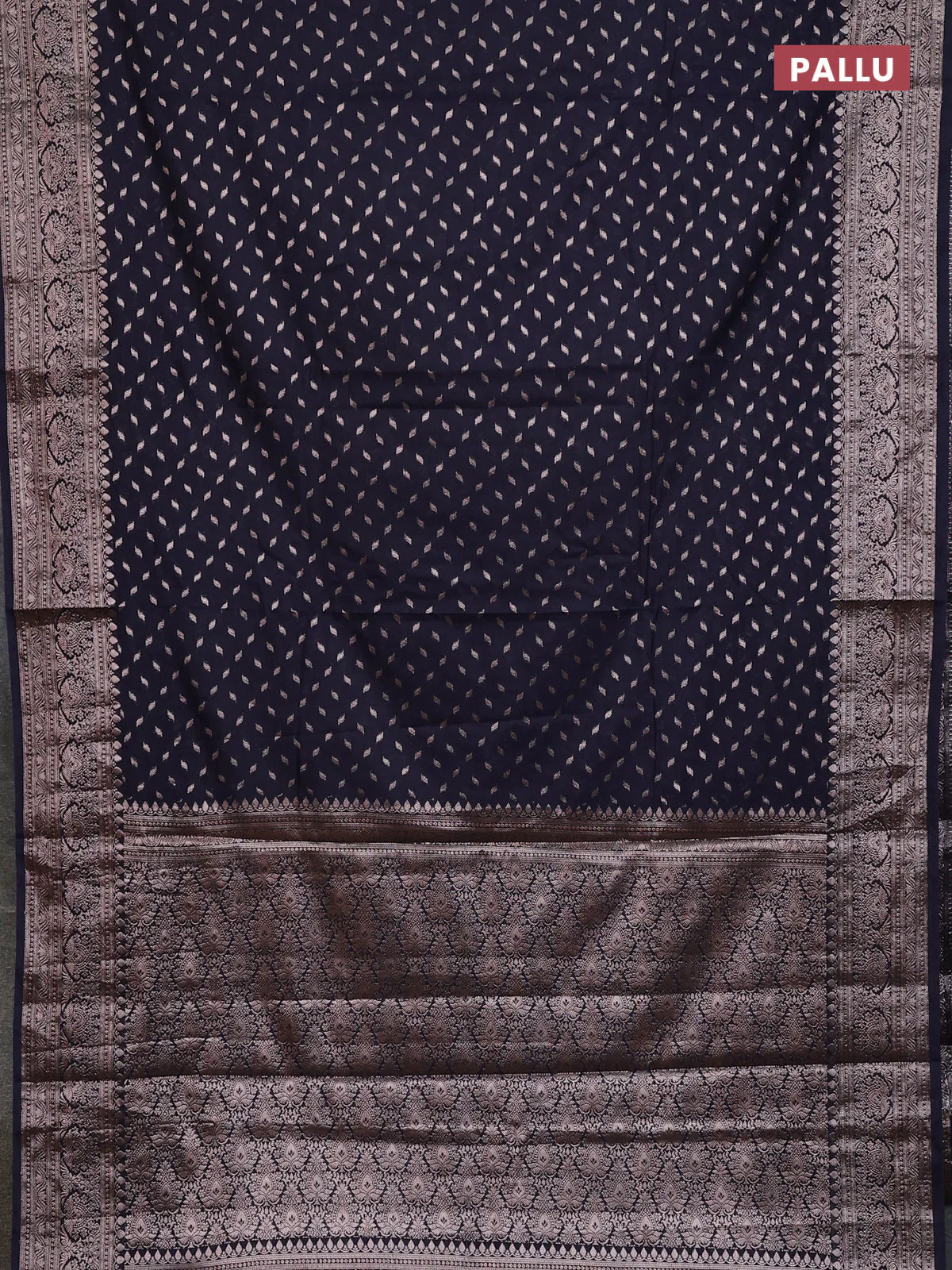 Banarasi semi chiniya saree navy blue with allover thread & zari woven buttas and woven border - Image 3