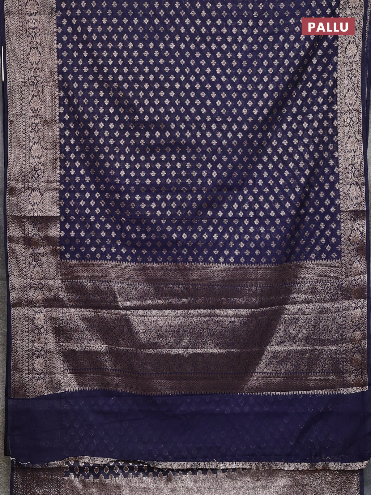 Banarasi semi chiniya saree navy blue with allover thread & zari woven buttas and woven border - Image 3
