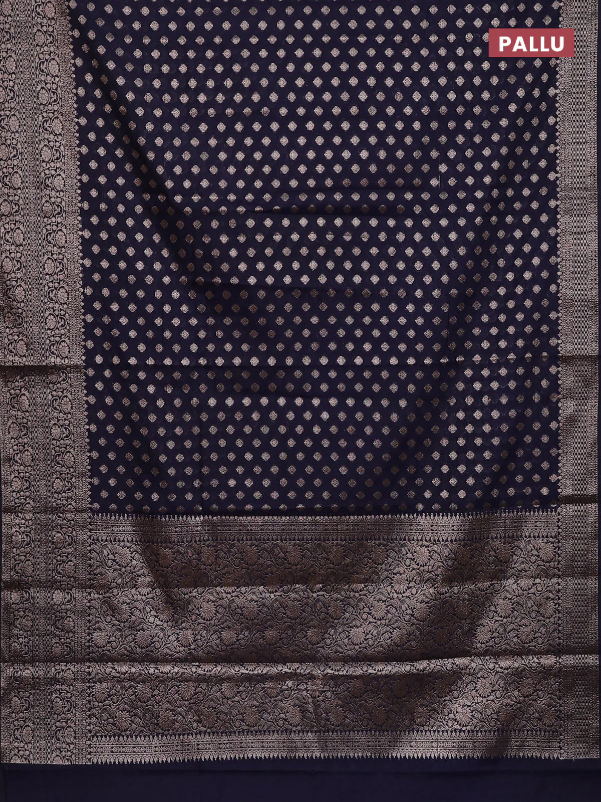 Banarasi semi chiniya saree navy blue with allover thread & zari woven buttas and woven border - Image 3