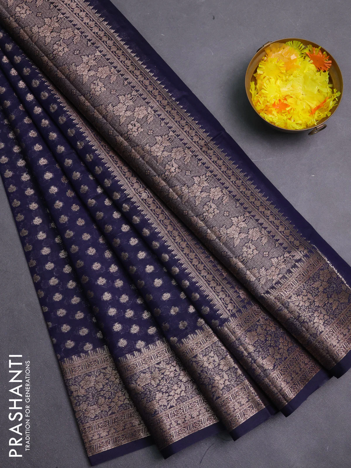 Banarasi semi chiniya saree navy blue with allover thread & zari woven buttas and woven border