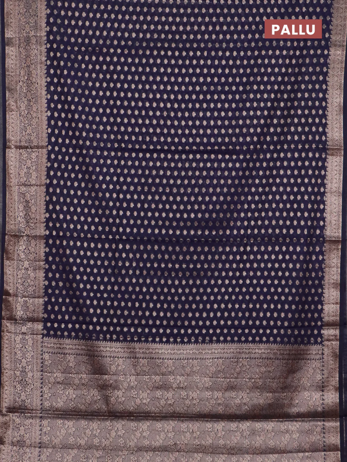 Banarasi semi chiniya saree navy blue with allover thread & zari woven buttas and woven border - Image 3