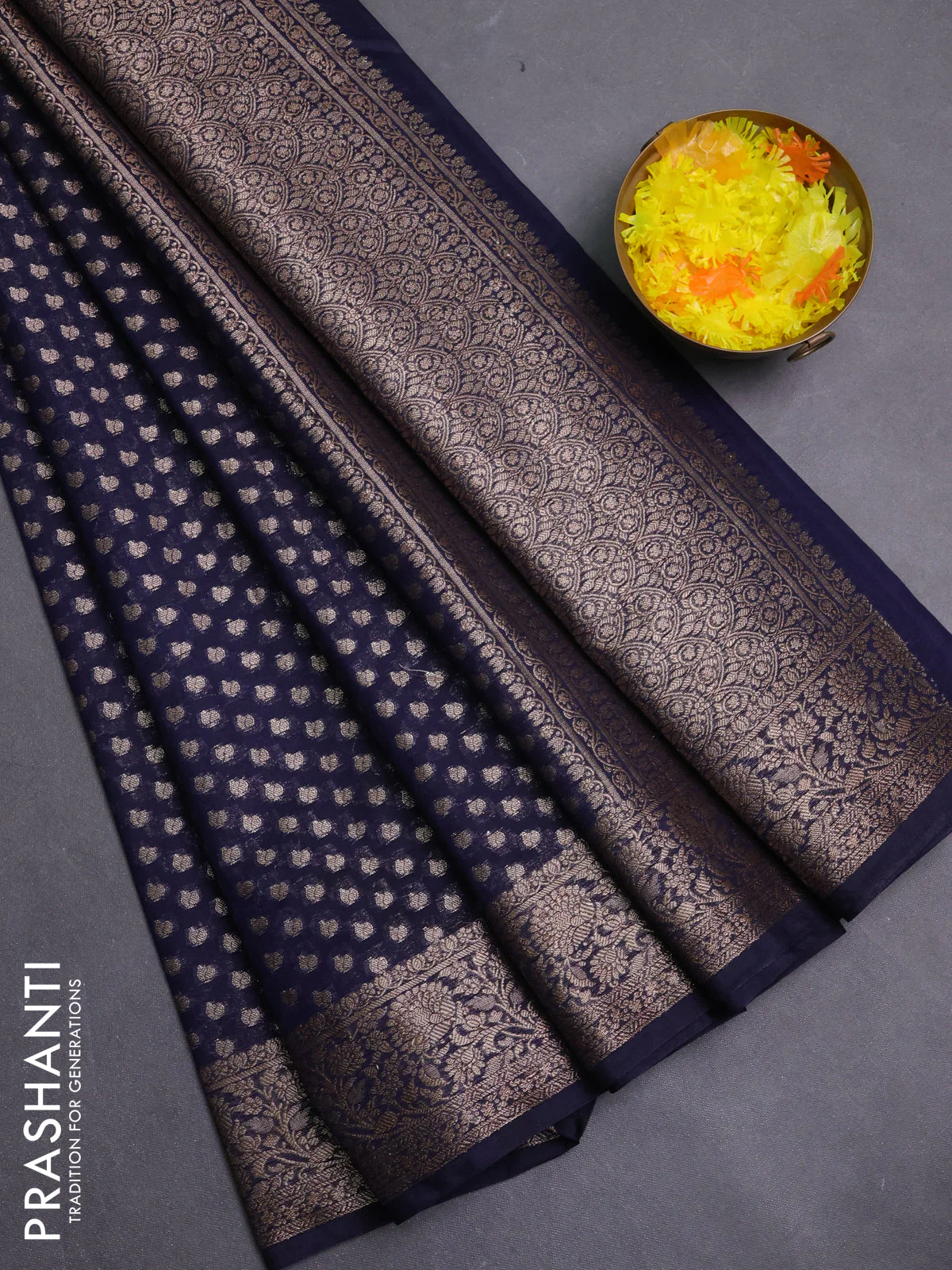 Banarasi semi chiniya saree navy blue with allover thread & zari woven buttas and woven border