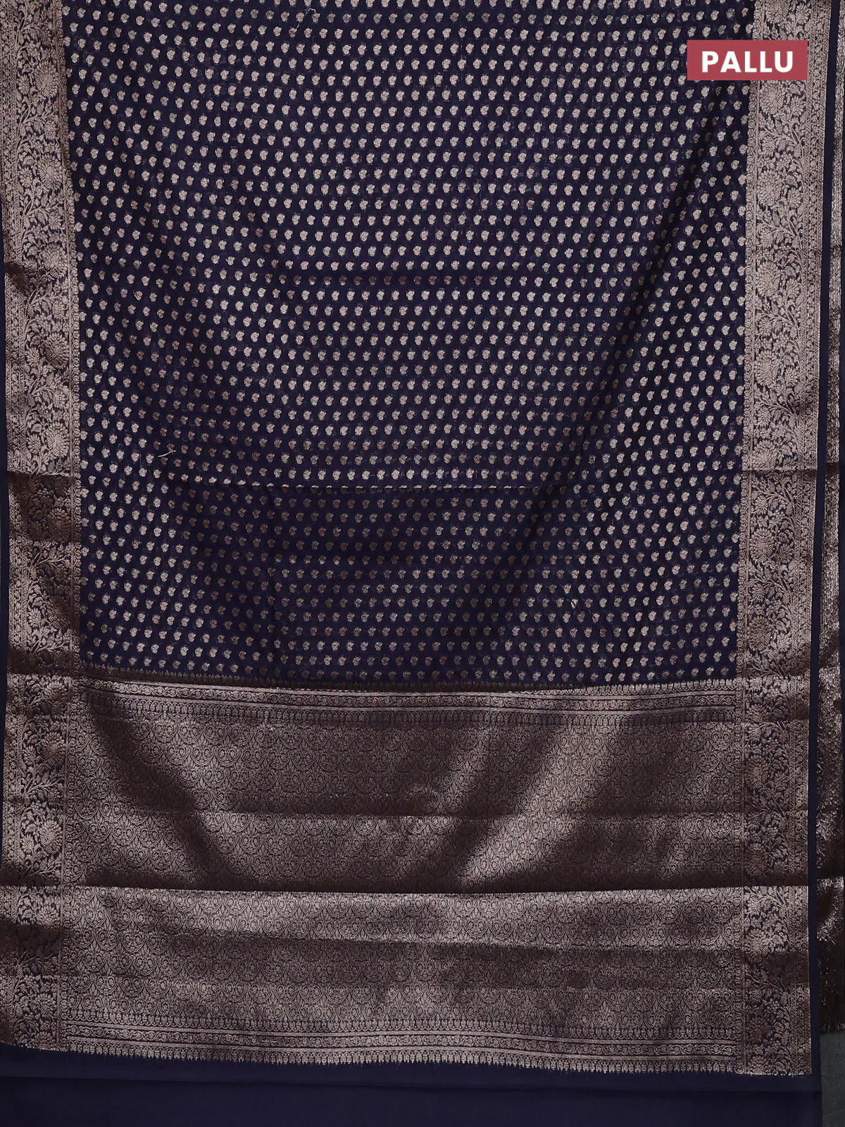 Banarasi semi chiniya saree navy blue with allover thread & zari woven buttas and woven border - Image 3