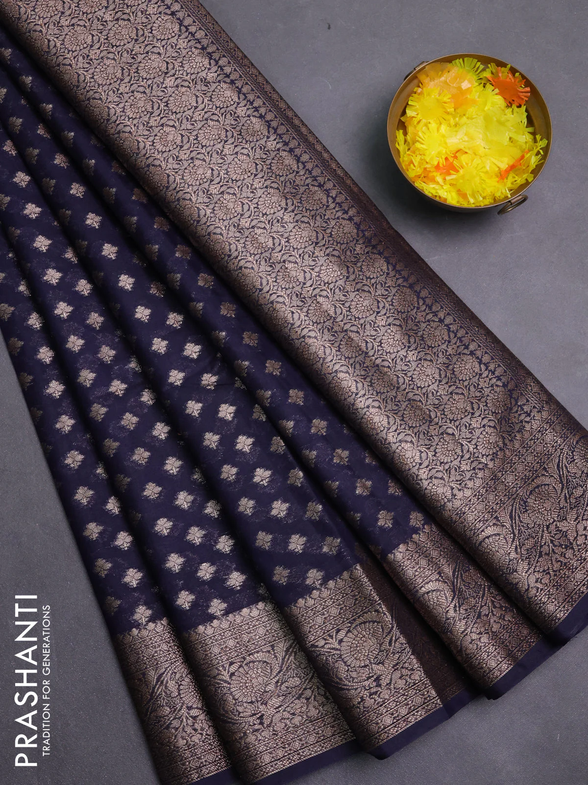 Banarasi semi chiniya saree navy blue with allover thread & zari woven buttas and woven border