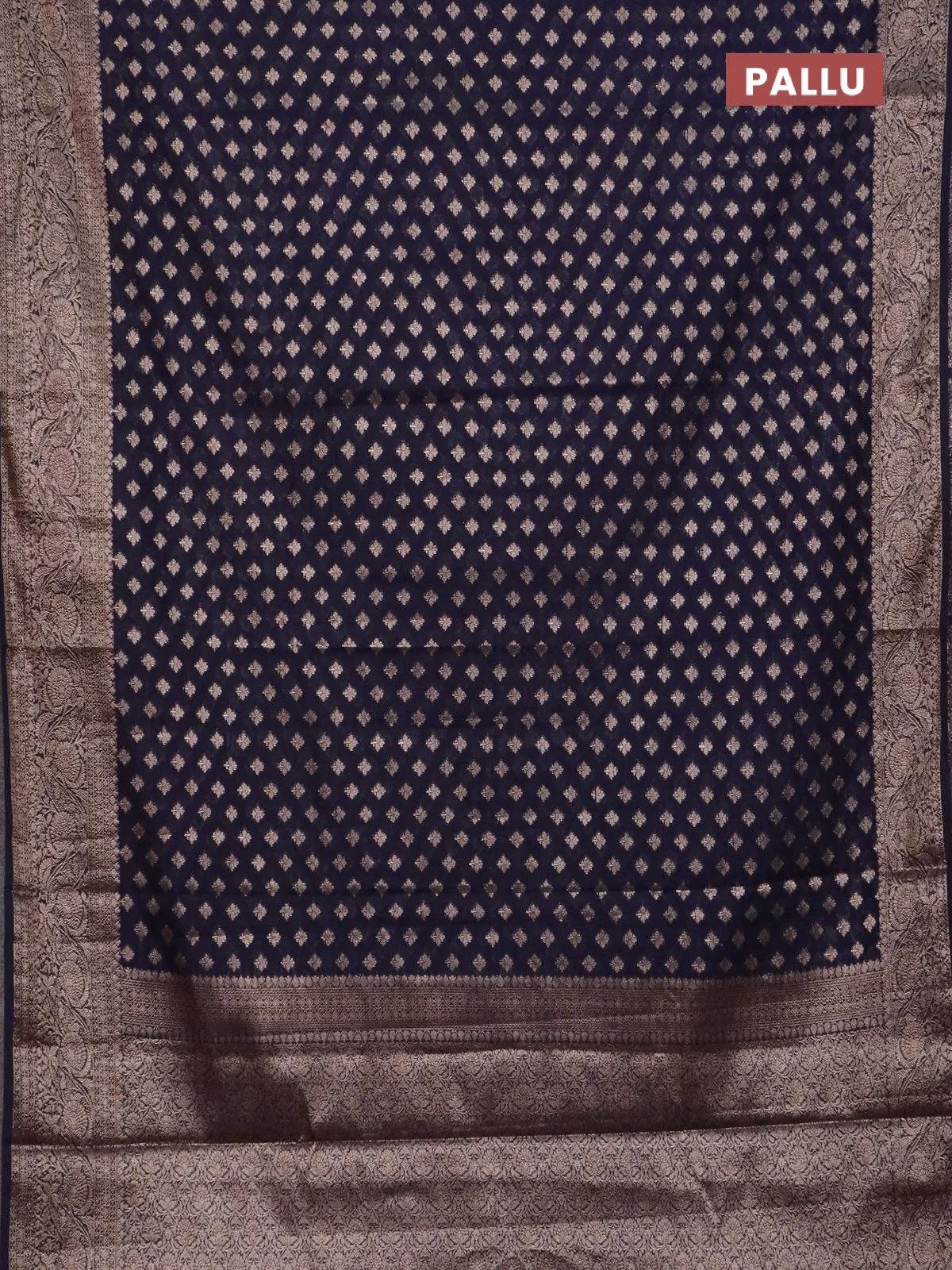 Banarasi semi chiniya saree navy blue with allover thread & zari woven buttas and woven border - Image 3