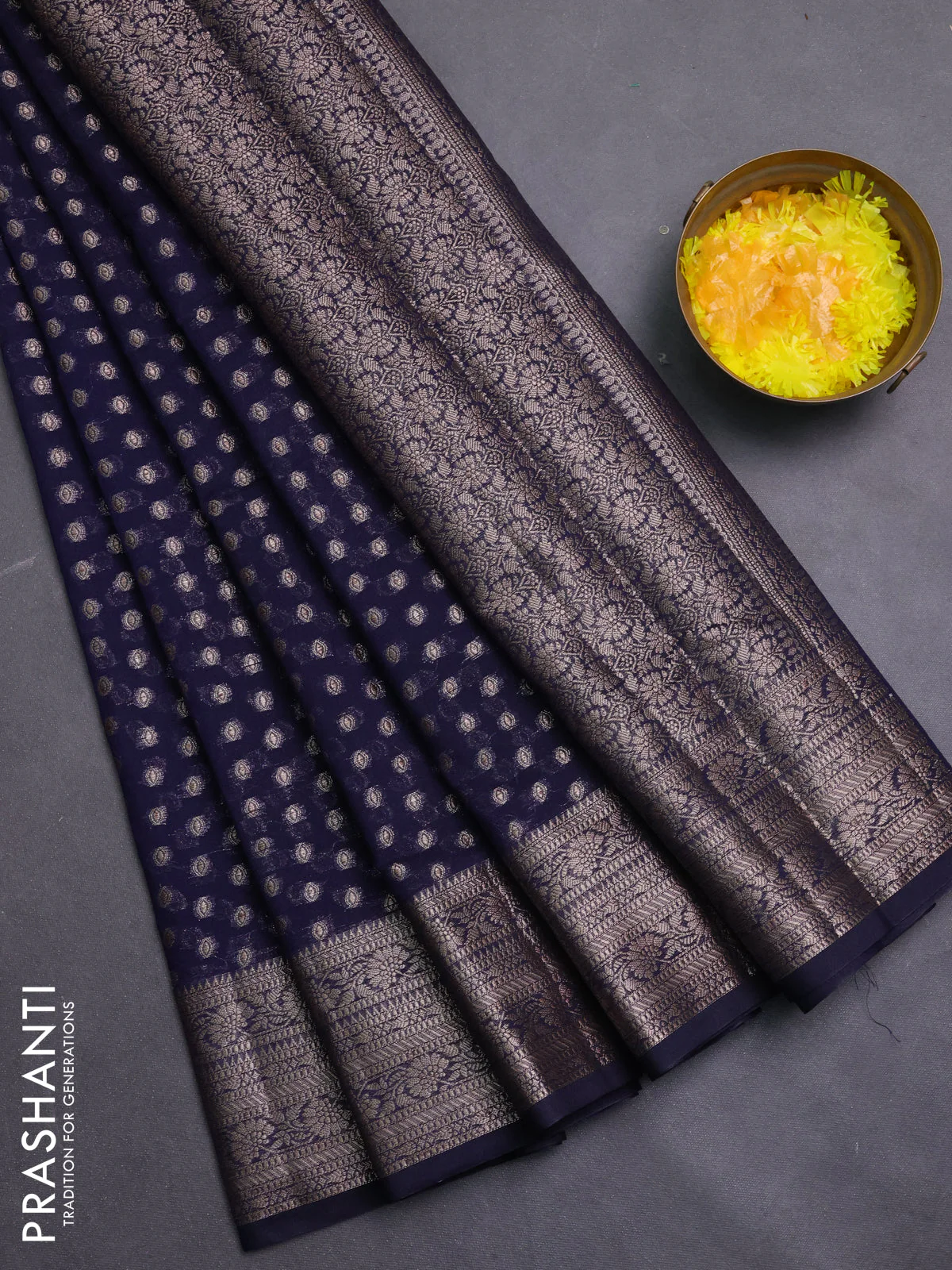 Banarasi semi chiniya saree navy blue with allover thread & zari woven buttas and woven border