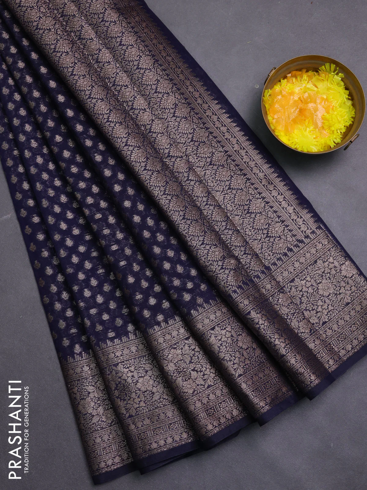 Banarasi semi chiniya saree navy blue with allover thread & zari woven buttas and woven border